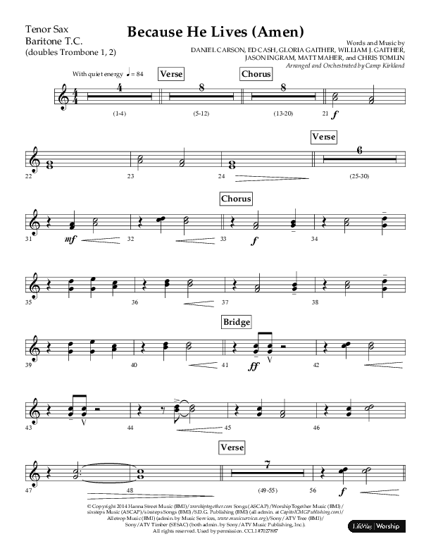 Because He Lives (Amen) (Choral Anthem SATB) Tenor Sax/Baritone T.C. (Lifeway Choral / Arr. Camp Kirkland)