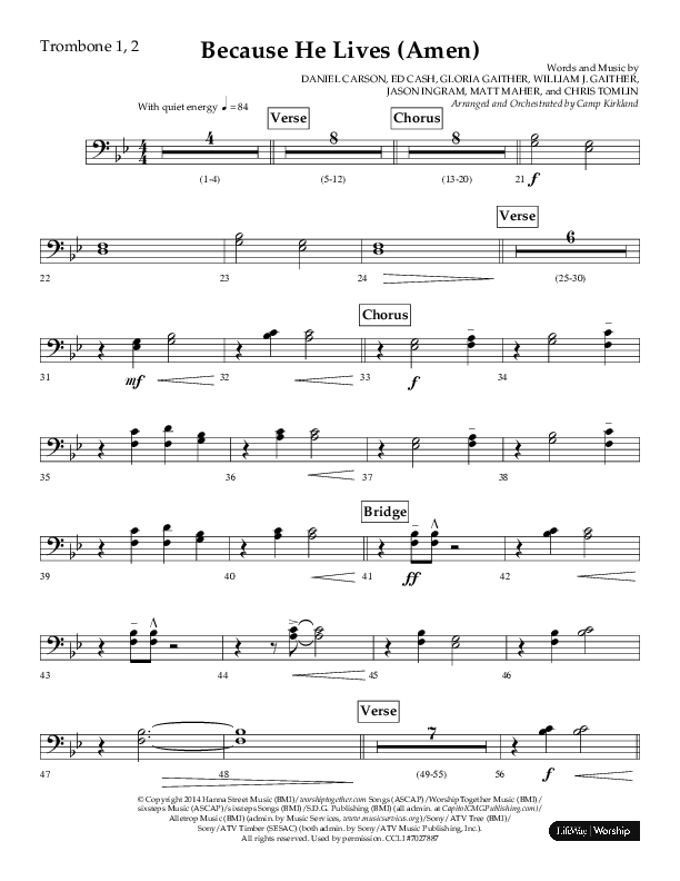 Because He Lives (Amen) (Choral Anthem SATB) Trombone 1/2 (Lifeway Choral / Arr. Camp Kirkland)