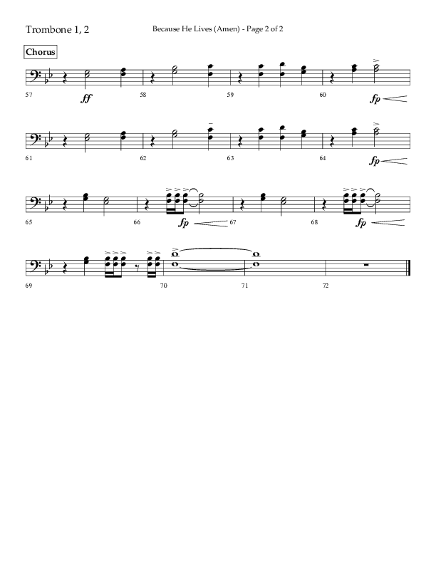 Because He Lives (Amen) (Choral Anthem SATB) Trombone 1/2 (Lifeway Choral / Arr. Camp Kirkland)
