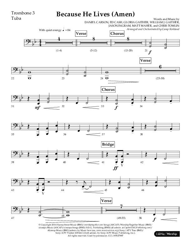 Because He Lives (Amen) (Choral Anthem SATB) Trombone 3/Tuba (Lifeway Choral / Arr. Camp Kirkland)
