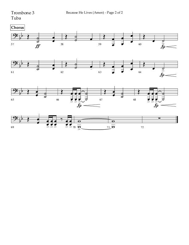 Because He Lives (Amen) (Choral Anthem SATB) Trombone 3/Tuba (Lifeway Choral / Arr. Camp Kirkland)