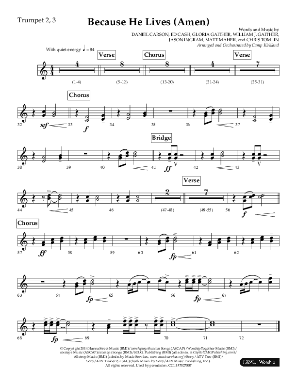 Because He Lives (Amen) (Choral Anthem SATB) Trumpet 2/3 (Lifeway Choral / Arr. Camp Kirkland)
