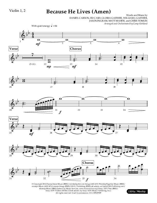 Because He Lives (Amen) (Choral Anthem SATB) Violin 1/2 (Lifeway Choral / Arr. Camp Kirkland)