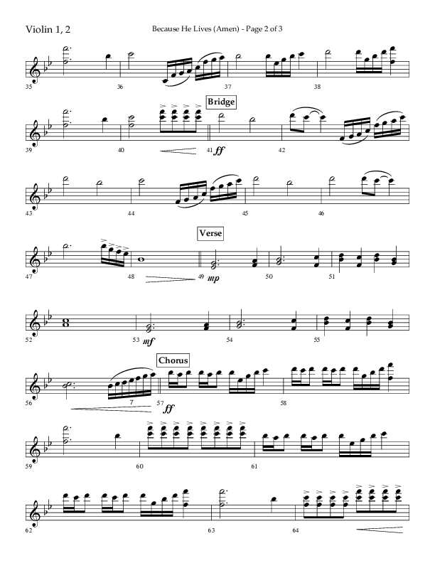 Because He Lives (Amen) (Choral Anthem SATB) Violin 1/2 (Lifeway Choral / Arr. Camp Kirkland)