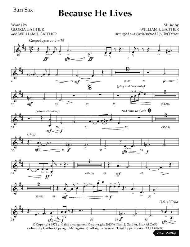 Because He Lives (Choral Anthem SATB) Bari Sax (Lifeway Choral / Arr. Cliff Duren)