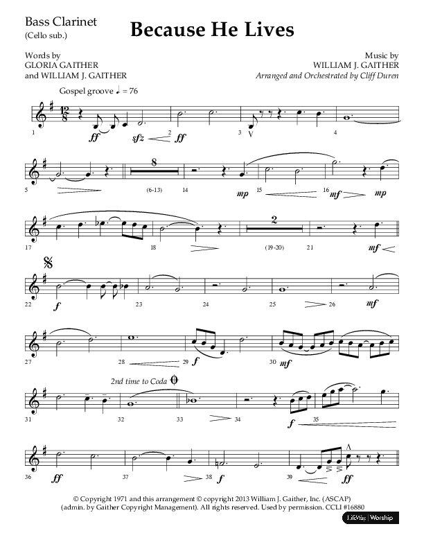 Because He Lives (Choral Anthem SATB) Bass Clarinet (Lifeway Choral / Arr. Cliff Duren)