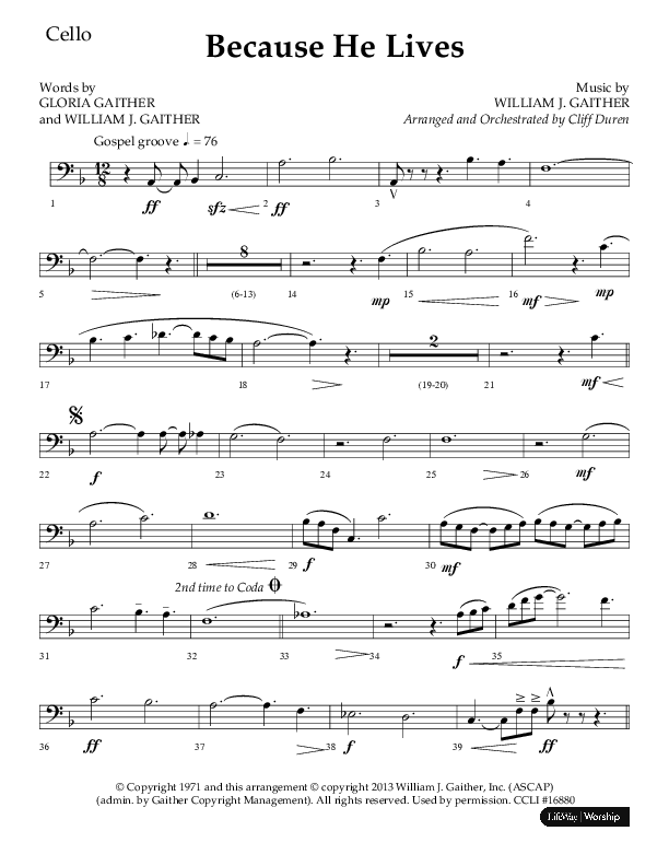 Because He Lives (Choral Anthem SATB) Cello (Lifeway Choral / Arr. Cliff Duren)