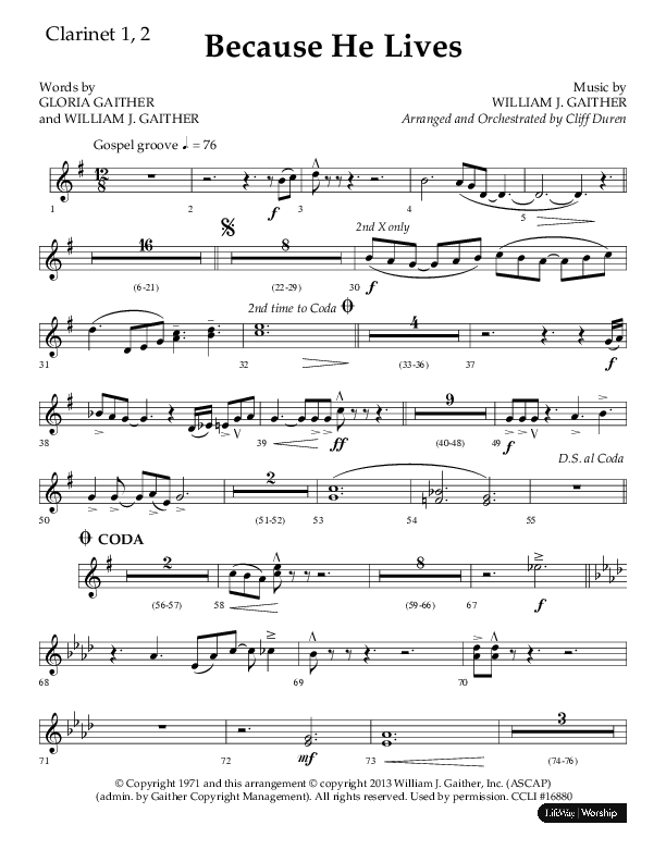 Because He Lives (Choral Anthem SATB) Clarinet 1/2 (Lifeway Choral / Arr. Cliff Duren)