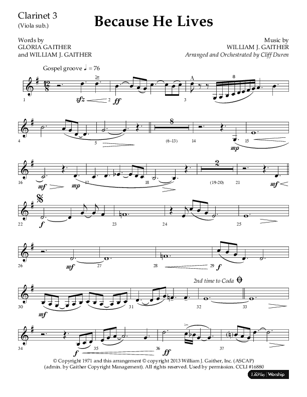 Because He Lives (Choral Anthem SATB) Clarinet 3 (Lifeway Choral / Arr. Cliff Duren)