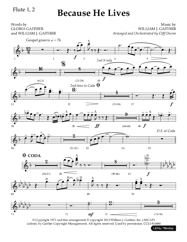 Because He Lives (Choral Anthem SATB) Flute 1/2 (Lifeway Choral / Arr. Cliff Duren)