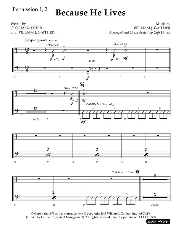 Because He Lives (Choral Anthem SATB) Percussion 1/2 (Lifeway Choral / Arr. Cliff Duren)