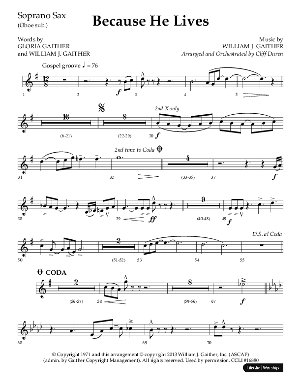Because He Lives (Choral Anthem SATB) Soprano Sax (Lifeway Choral / Arr. Cliff Duren)
