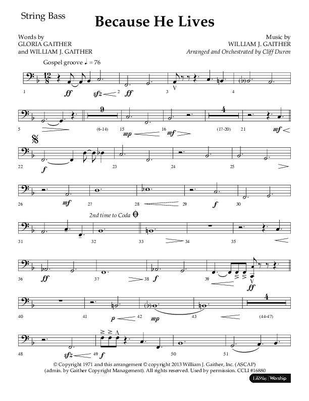 Because He Lives (Choral Anthem SATB) String Bass (Lifeway Choral / Arr. Cliff Duren)
