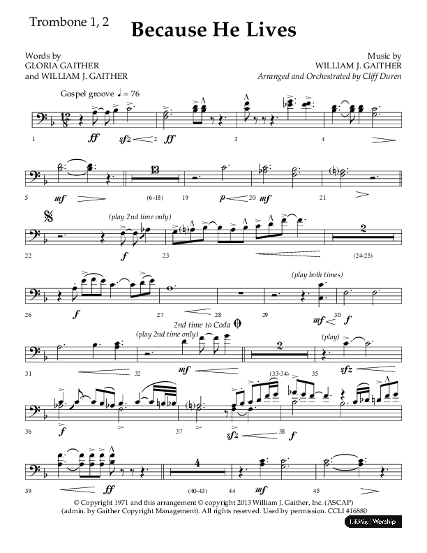Because He Lives (Choral Anthem SATB) Trombone 1/2 (Lifeway Choral / Arr. Cliff Duren)