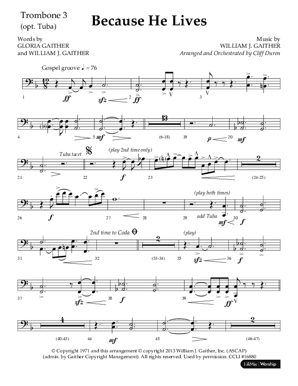 Because He Lives (Choral Anthem SATB) Trombone 3 (Lifeway Choral / Arr. Cliff Duren)