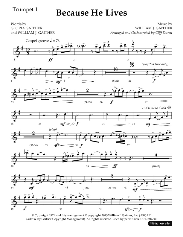 Because He Lives (Choral Anthem SATB) Trumpet 1 (Lifeway Choral / Arr. Cliff Duren)