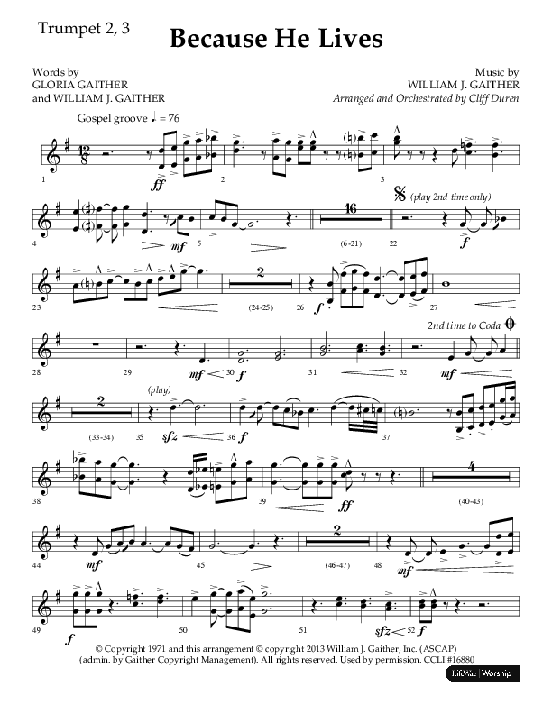 Because He Lives (Choral Anthem SATB) Trumpet 2/3 (Lifeway Choral / Arr. Cliff Duren)