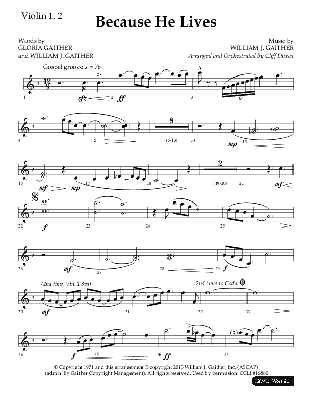 Because He Lives (Choral Anthem SATB) Violin 1/2 (Lifeway Choral / Arr. Cliff Duren)