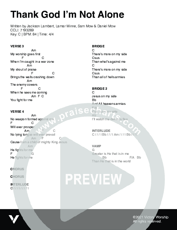 Thank God I'm Not Alone (2023 Version) Chords PDF (Victory Worship