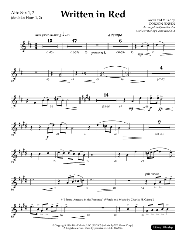 Written In Red (Choral Anthem SATB) Alto Sax 1/2 (Lifeway Choral / Arr. Gary Rhodes / Orch. Camp Kirkland)