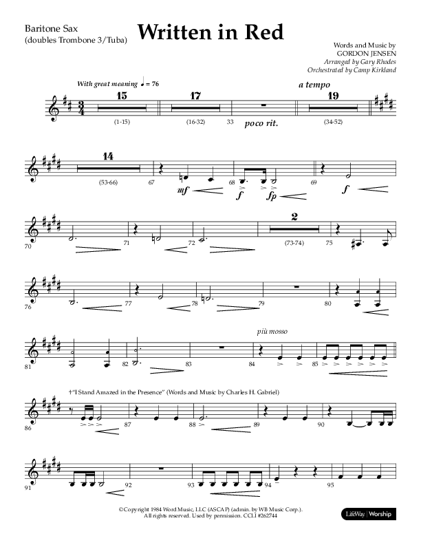 Written In Red (Choral Anthem SATB) Bari Sax (Lifeway Choral / Arr. Gary Rhodes / Orch. Camp Kirkland)