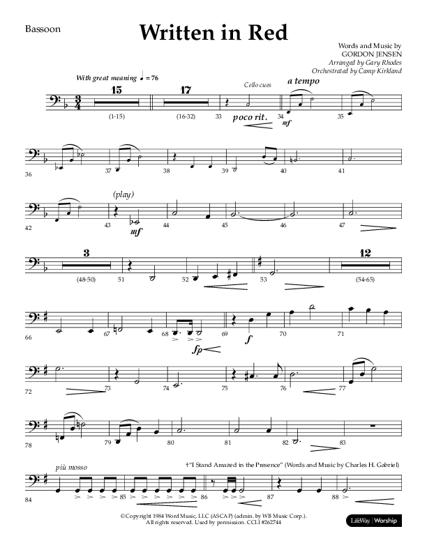 Written In Red (Choral Anthem SATB) Bassoon (Lifeway Choral / Arr. Gary Rhodes / Orch. Camp Kirkland)