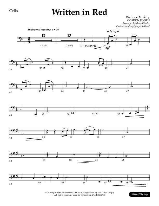 Written In Red (Choral Anthem SATB) Cello (Lifeway Choral / Arr. Gary Rhodes / Orch. Camp Kirkland)