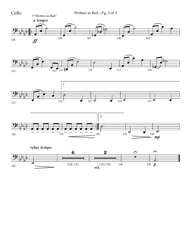 Written In Red (Choral Anthem SATB) Cello (Lifeway Choral / Arr. Gary Rhodes / Orch. Camp Kirkland)