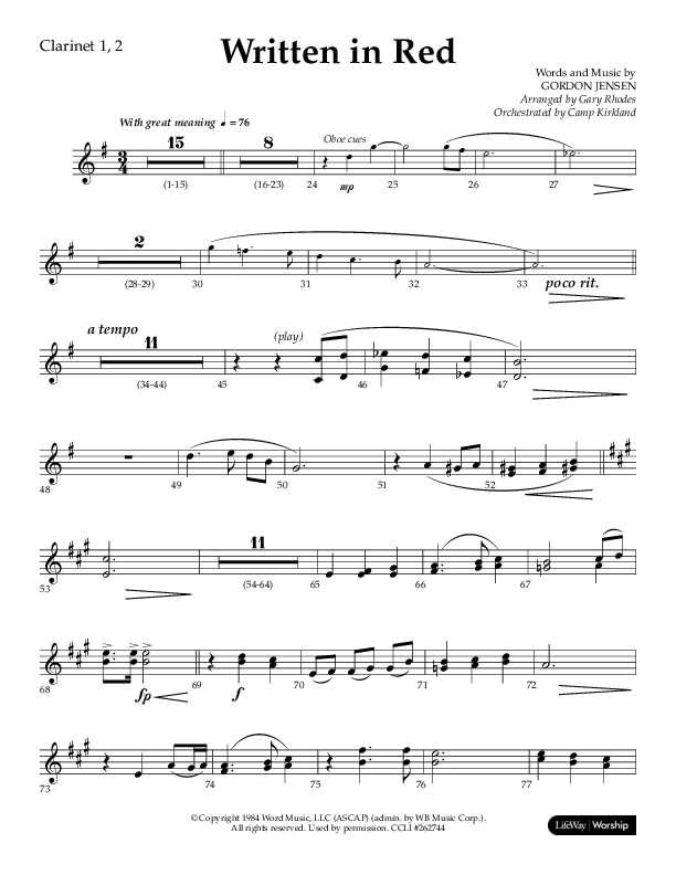 Written In Red (Choral Anthem SATB) Clarinet 1/2 (Lifeway Choral / Arr. Gary Rhodes / Orch. Camp Kirkland)