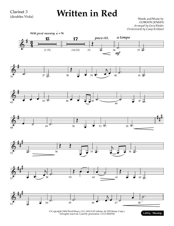 Written In Red (Choral Anthem SATB) Clarinet 3 (Lifeway Choral / Arr. Gary Rhodes / Orch. Camp Kirkland)