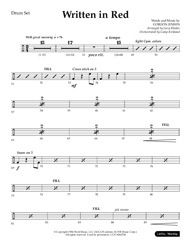 Written In Red (Choral Anthem SATB) Drum Set (Lifeway Choral / Arr. Gary Rhodes / Orch. Camp Kirkland)