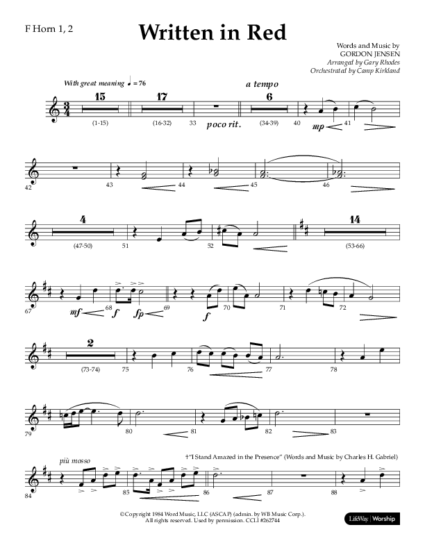 Written In Red (Choral Anthem SATB) French Horn 1/2 (Lifeway Choral / Arr. Gary Rhodes / Orch. Camp Kirkland)