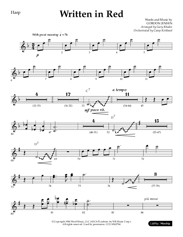 Written In Red (Choral Anthem SATB) Harp (Lifeway Choral / Arr. Gary Rhodes / Orch. Camp Kirkland)