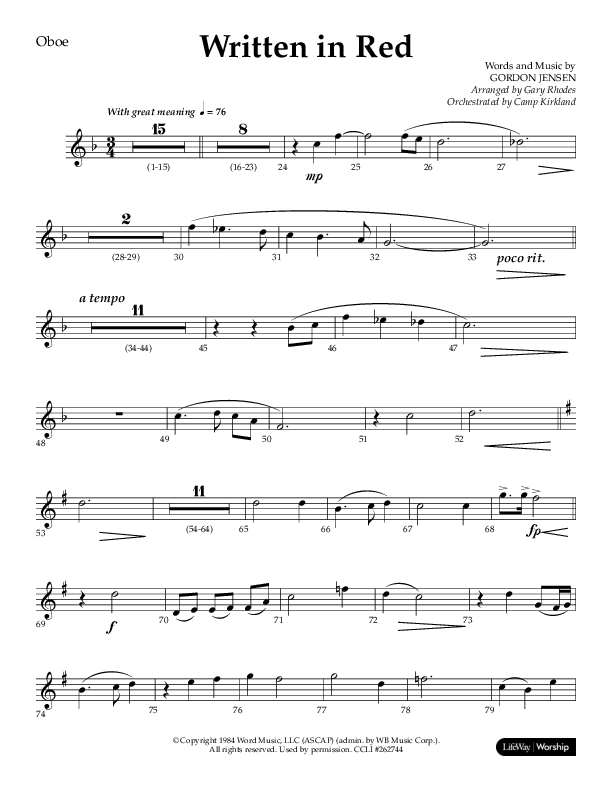 Written In Red (Choral Anthem SATB) Oboe (Lifeway Choral / Arr. Gary Rhodes / Orch. Camp Kirkland)