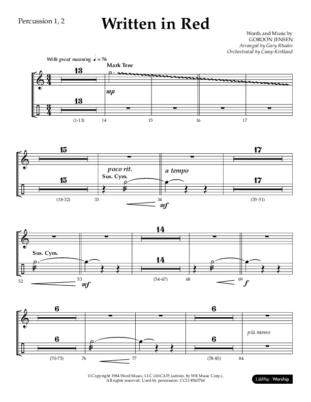 Written In Red (Choral Anthem SATB) Percussion 1/2 (Lifeway Choral / Arr. Gary Rhodes / Orch. Camp Kirkland)