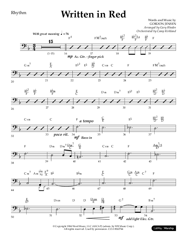 Written In Red (Choral Anthem SATB) Rhythm Chart (Lifeway Choral / Arr. Gary Rhodes / Orch. Camp Kirkland)