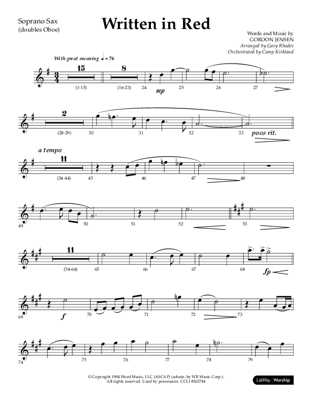 Written In Red (Choral Anthem SATB) Soprano Sax (Lifeway Choral / Arr. Gary Rhodes / Orch. Camp Kirkland)