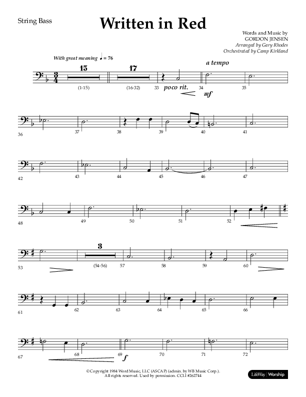 Written In Red (Choral Anthem SATB) String Bass (Lifeway Choral / Arr. Gary Rhodes / Orch. Camp Kirkland)