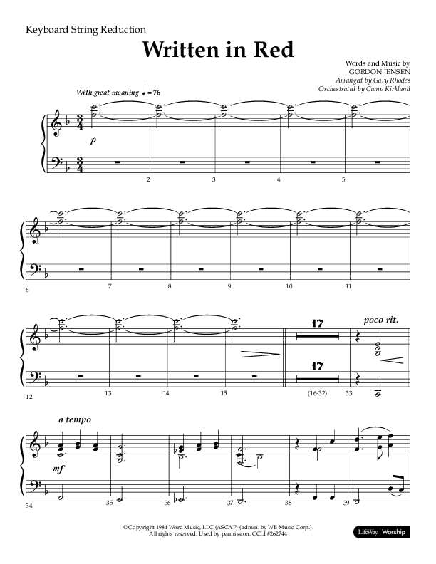 Written In Red (Choral Anthem SATB) String Reduction (Lifeway Choral / Arr. Gary Rhodes / Orch. Camp Kirkland)
