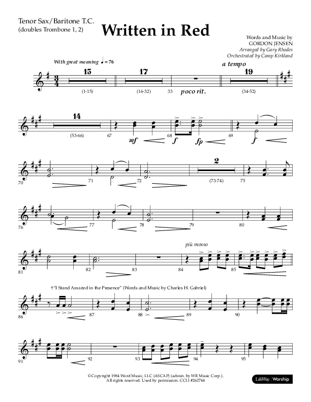 Written In Red (Choral Anthem SATB) Tenor Sax/Baritone T.C. (Lifeway Choral / Arr. Gary Rhodes / Orch. Camp Kirkland)