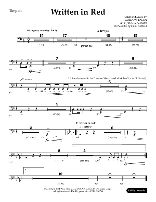 Written In Red (Choral Anthem SATB) Timpani (Lifeway Choral / Arr. Gary Rhodes / Orch. Camp Kirkland)