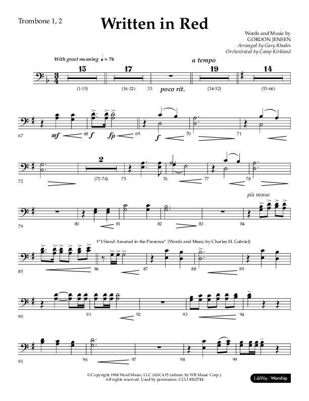 Written In Red (Choral Anthem SATB) Trombone 1/2 (Lifeway Choral / Arr. Gary Rhodes / Orch. Camp Kirkland)