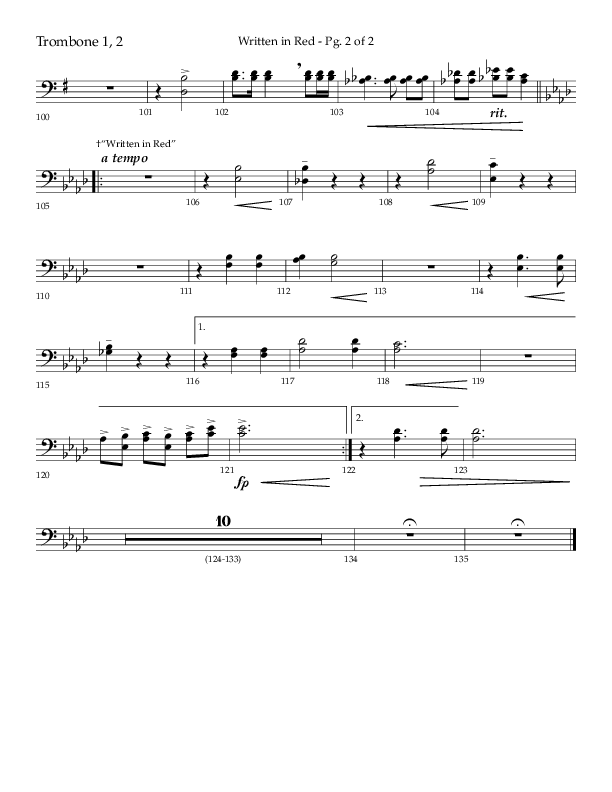 Written In Red (Choral Anthem SATB) Trombone 1/2 (Lifeway Choral / Arr. Gary Rhodes / Orch. Camp Kirkland)