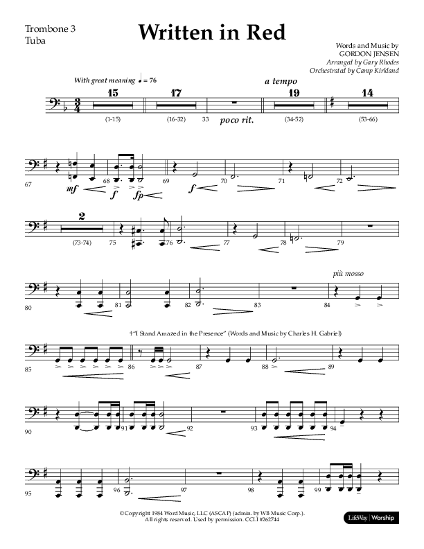 Written In Red (Choral Anthem SATB) Trombone 3/Tuba (Lifeway Choral / Arr. Gary Rhodes / Orch. Camp Kirkland)