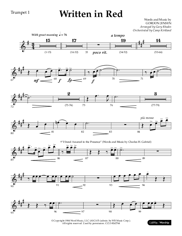 Written In Red (Choral Anthem SATB) Trumpet 1 (Lifeway Choral / Arr. Gary Rhodes / Orch. Camp Kirkland)