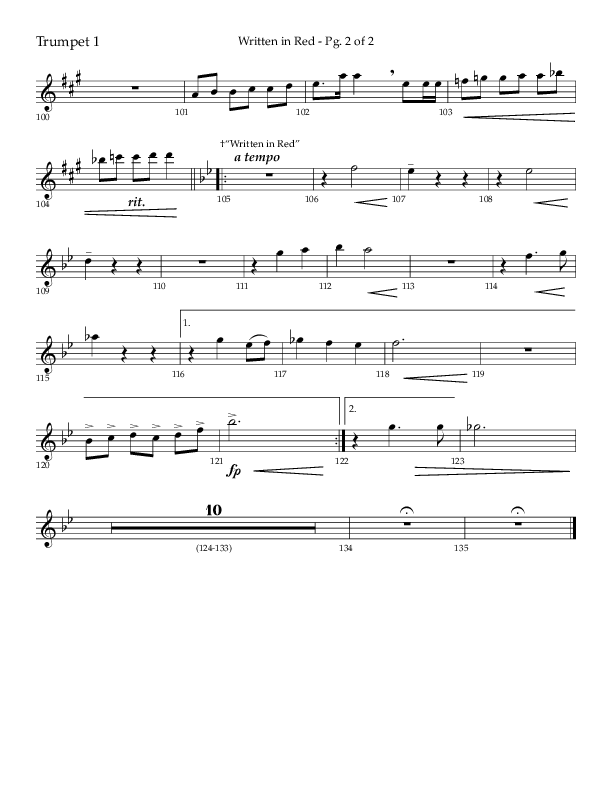 Written In Red (Choral Anthem SATB) Trumpet 1 (Lifeway Choral / Arr. Gary Rhodes / Orch. Camp Kirkland)