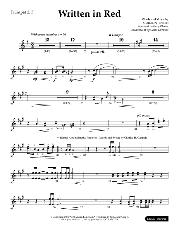 Written In Red (Choral Anthem SATB) Trumpet 2/3 (Lifeway Choral / Arr. Gary Rhodes / Orch. Camp Kirkland)