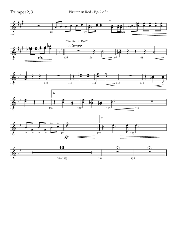 Written In Red (Choral Anthem SATB) Trumpet 2/3 (Lifeway Choral / Arr. Gary Rhodes / Orch. Camp Kirkland)
