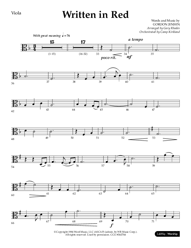 Written In Red (Choral Anthem SATB) Viola (Lifeway Choral / Arr. Gary Rhodes / Orch. Camp Kirkland)