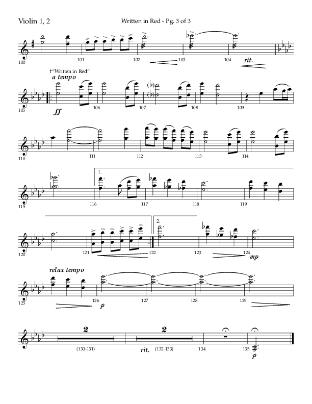 Written In Red (Choral Anthem SATB) Violin 1/2 (Lifeway Choral / Arr. Gary Rhodes / Orch. Camp Kirkland)